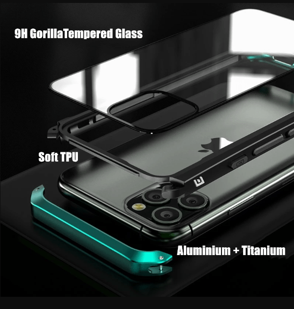 Techypop iPhone Case 2023 Aluminum + Titanium Shockproof Gorilla Tempered Glass Case for iPhone15 Pro Max