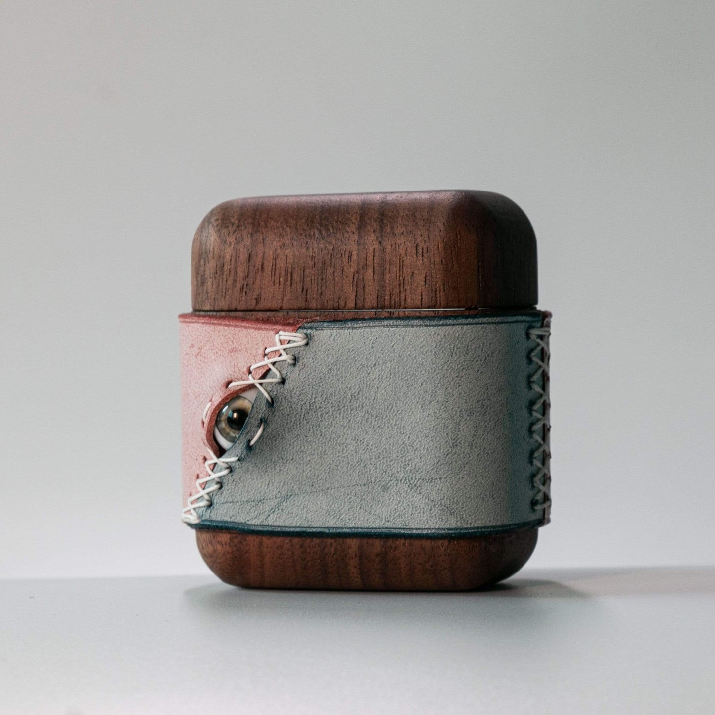 Techypop.com AirPods Case AirPods 1 & 2 / Blue+Pink Stitched Eye Leather Dark Wooden Protective Case For Apple Airpods 1 & 2 & Pro