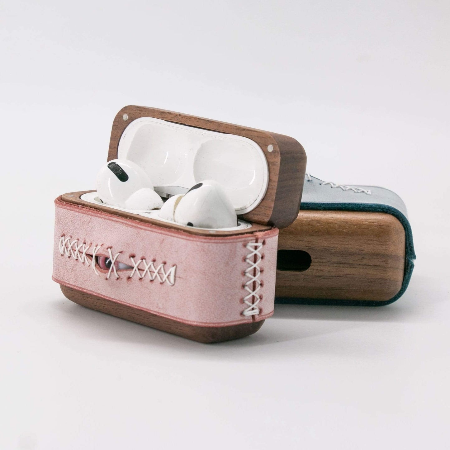 Techypop.com AirPods Case Stitched Eye Leather Dark Wooden Protective Case For Apple Airpods 1 & 2 & Pro
