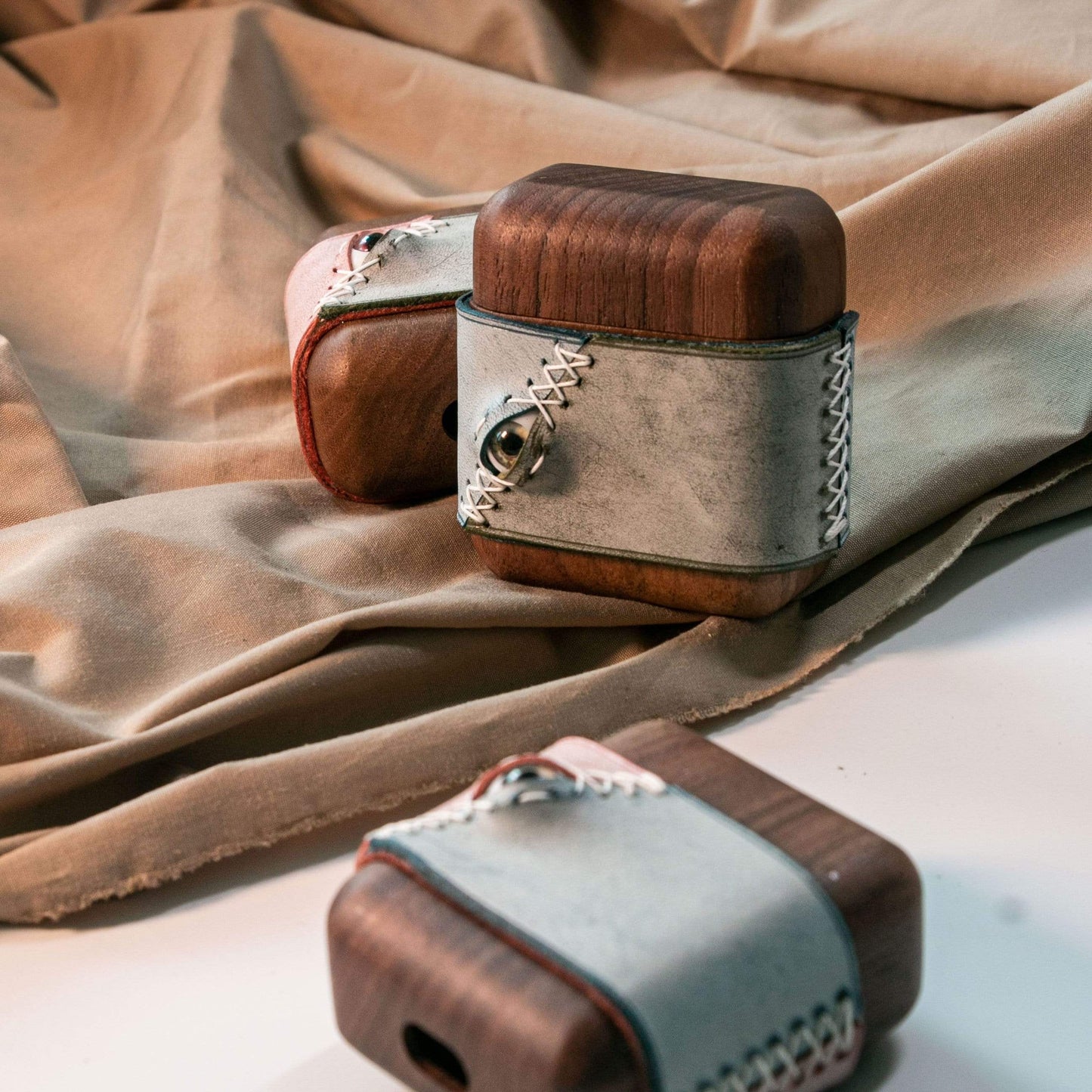 Techypop.com AirPods Case Stitched Eye Leather Dark Wooden Protective Case For Apple Airpods 1 & 2 & Pro