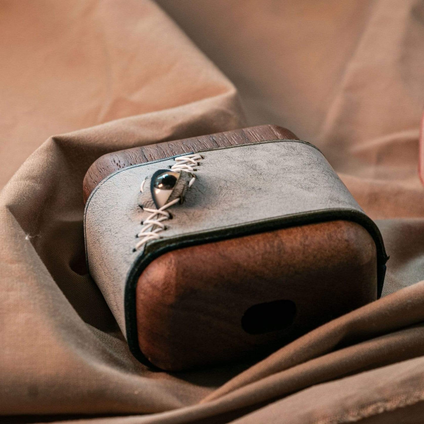 Techypop.com AirPods Case Stitched Eye Leather Dark Wooden Protective Case For Apple Airpods 1 & 2 & Pro