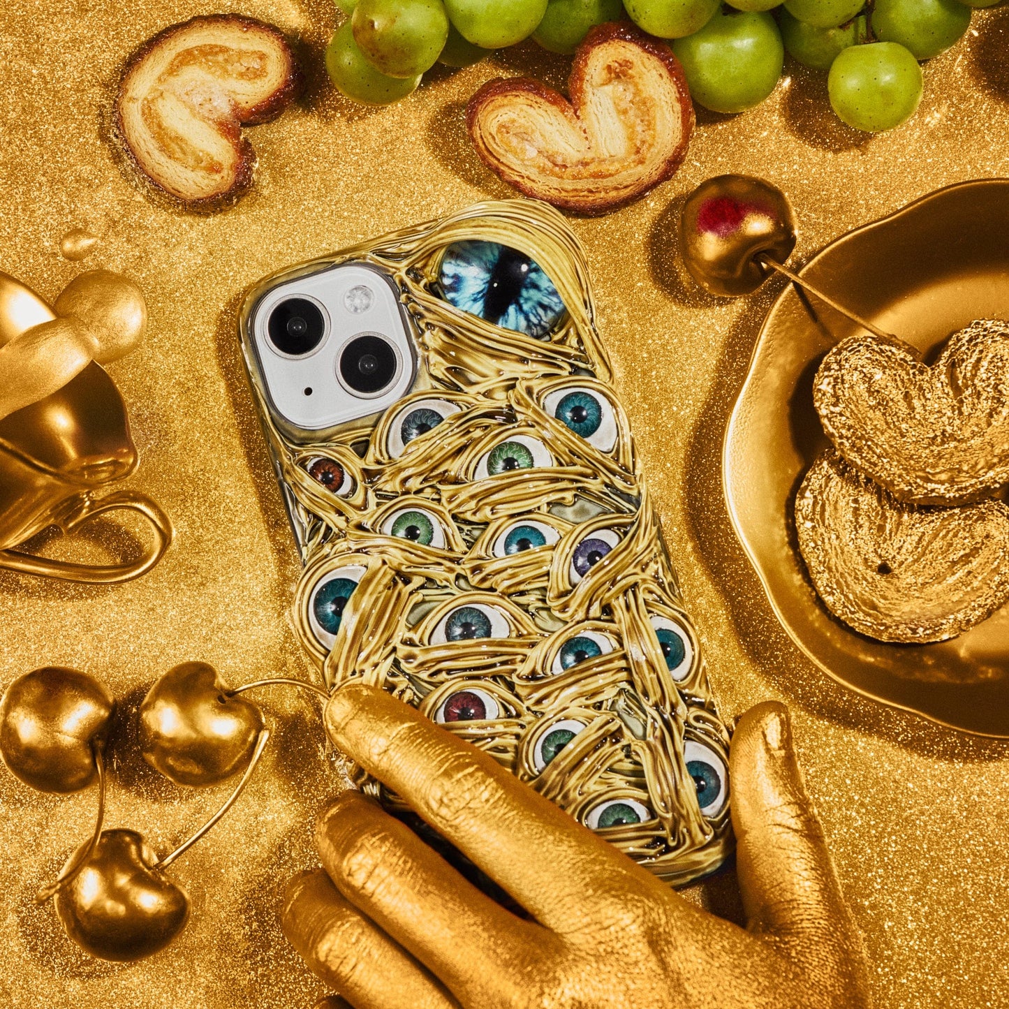 Techypop.com Horror Bundle Please leave your iPhone & AirPods model in the note section Gold Monster iPhone Case + AirPods Case + AirTag Case Set