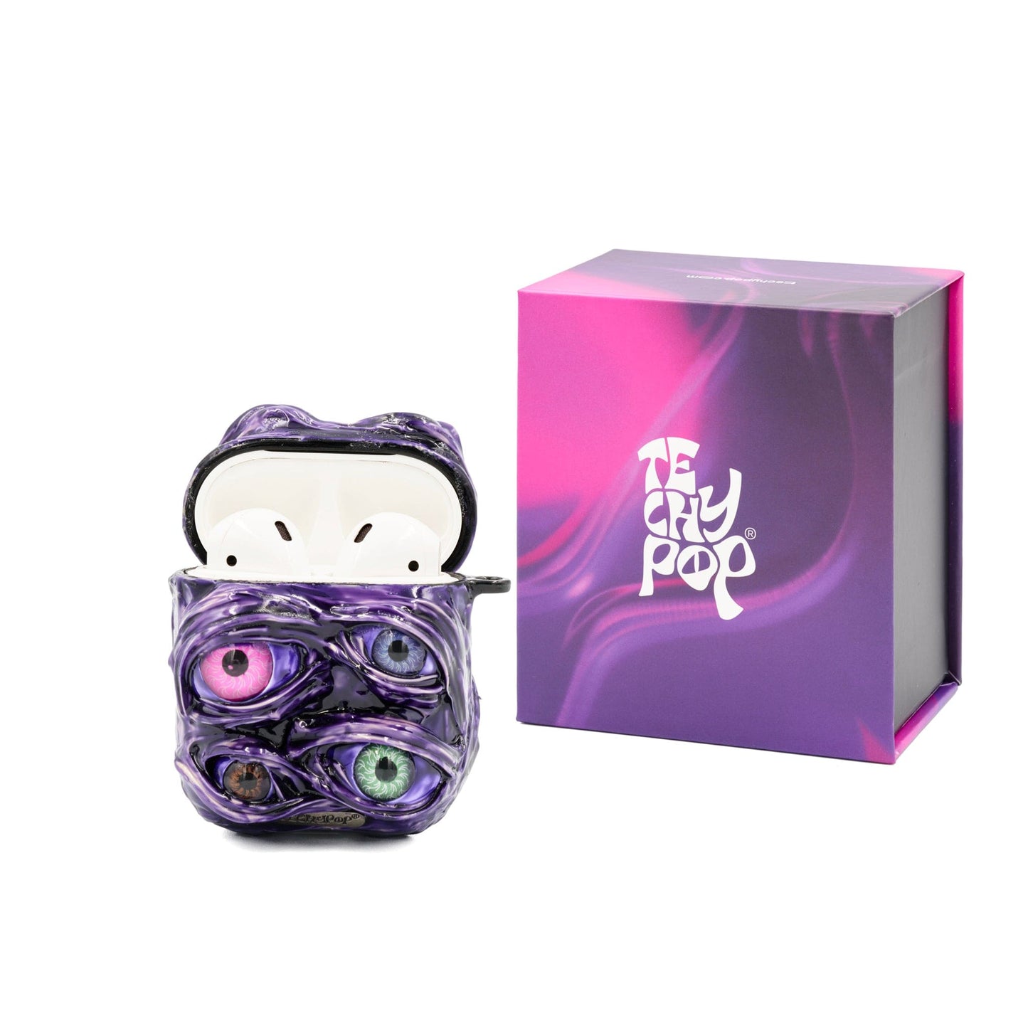 Techypop.com Please leave your iPhone & AirPods model in the note section Purple Venom iPhone Case + AirPods Case + AirTag Case Set