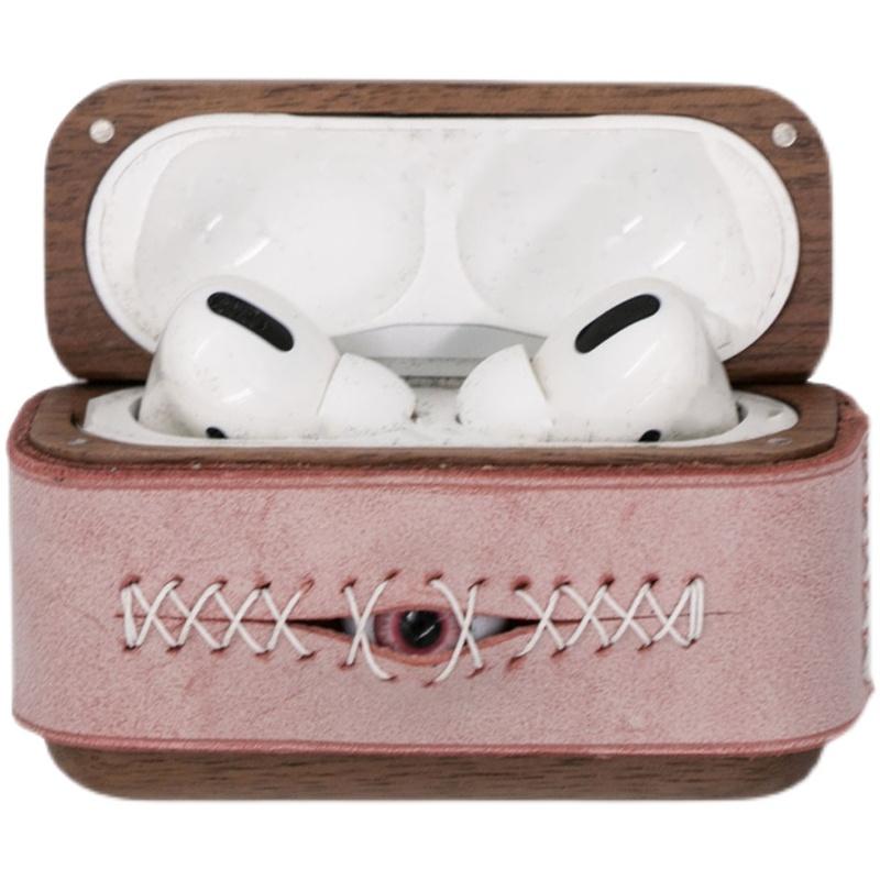Techypop.com AirPods Case Stitched Eye Leather Dark Wooden Protective Case For Apple Airpods 1 & 2 & Pro