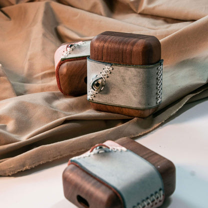 Techypop.com AirPods Case Stitched Eye Leather Dark Wooden Protective Case For Apple Airpods 1 & 2 & Pro