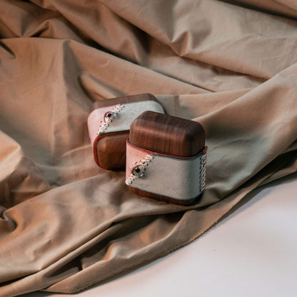 Techypop.com AirPods Case Stitched Eye Leather Dark Wooden Protective Case For Apple Airpods 1 & 2 & Pro