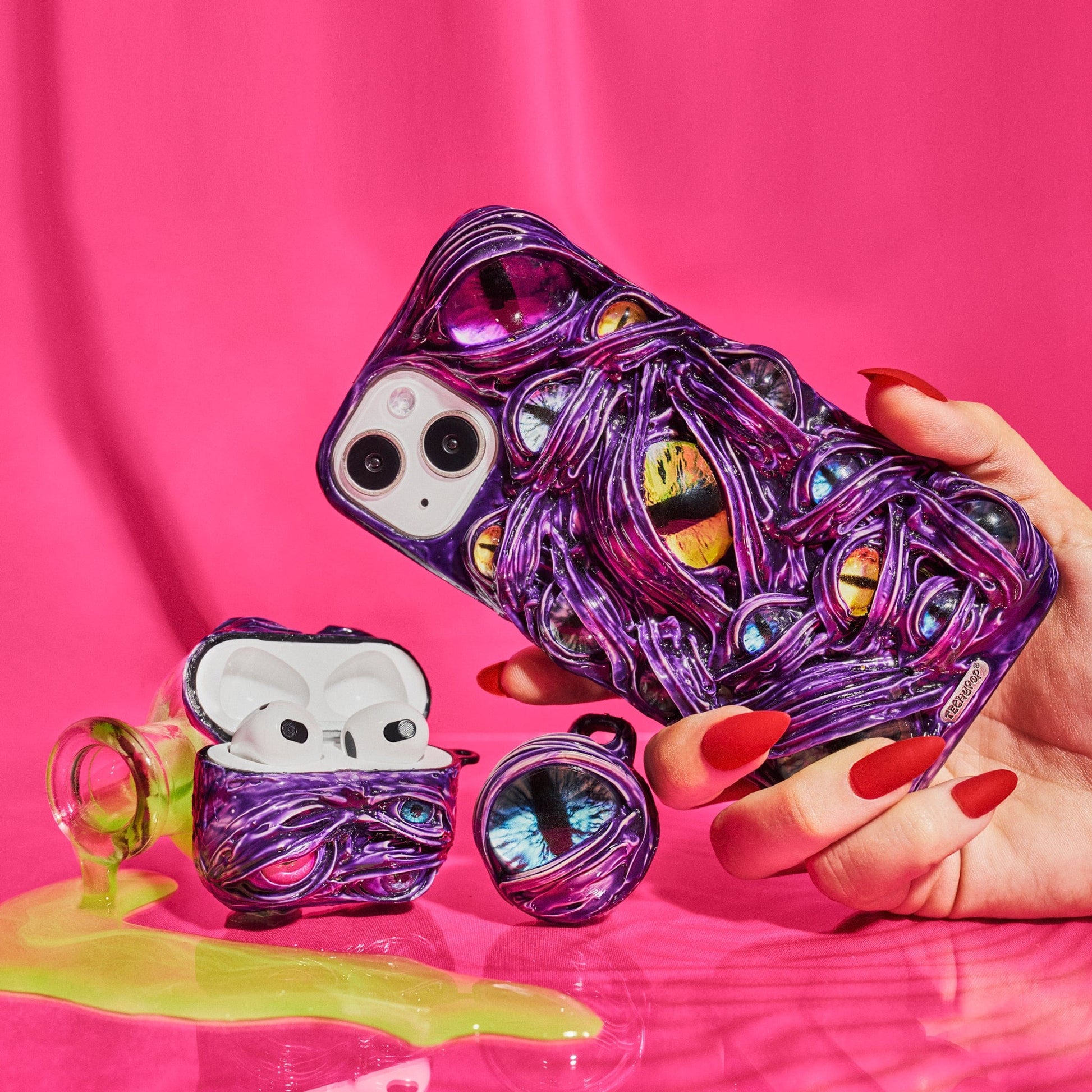 Techypop.com Horror Bundle Please leave your iPhone & AirPods model in the note section Purple Venom iPhone Case + AirPods Case + AirTag Case Set